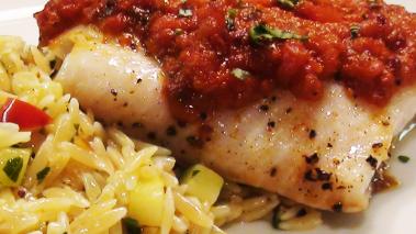 Roasted Halibut with Tomato Sauce and Orzo