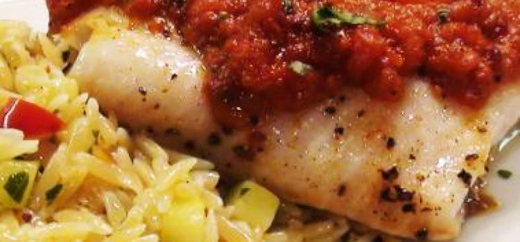Roasted Halibut with Tomato Sauce and Orzo