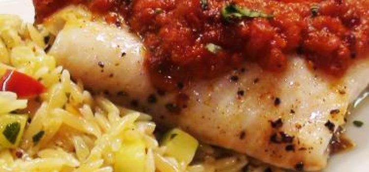 Roasted Halibut with Tomato Sauce and Orzo