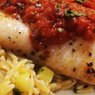 Roasted Halibut with Tomato Sauce and Orzo