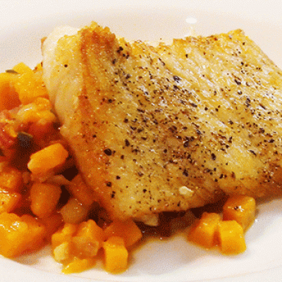 Seared Halibut with Butternut Squash Apple Hash