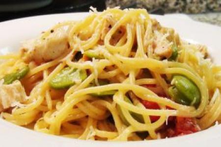 Spaghetti with Chicken and Fava Beans Recipe